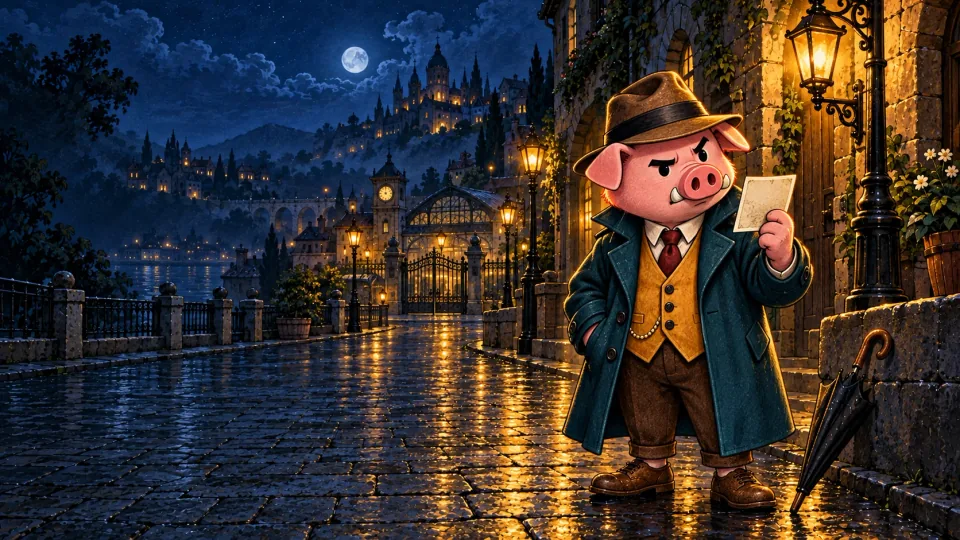 Knur in his fedora and teal coat on a rain-soaked, lamplit promenade at night, from Knur Story.